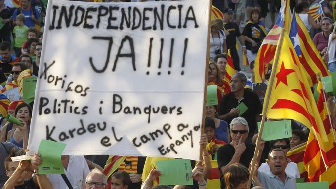 Demonstrace za nezávislost Katalánska (snímek z 11. září 2012).