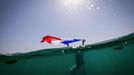 Paris 2024 Olympics - Sailing - Women's Windsurfing - Marseille Marina, Marseille, France - July 31, 2024. A supporter of France waves the national flag as she swims befo