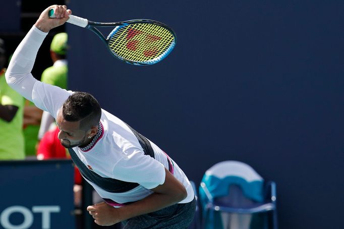 Mar 26, 2019; Miami Gardens, FL, USA; Nick Kyrgios of Australia smashes his racquet after missing a shot against Borna Coric of Croatia (not pictured) in the fourth round