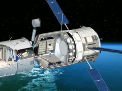 Průřezová kresba zachycuje stav, kdy do kosmického plavidla ATV, připojeného k Mezinárodní vesmírné stanici, už mohou vstupovat astronauti.