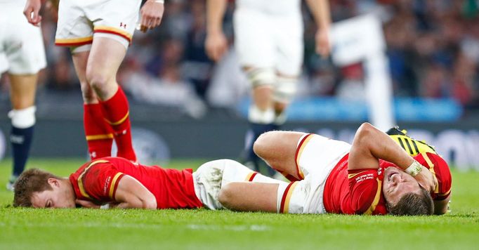 Liam Williams and Dan Biggar of Wales lie injured