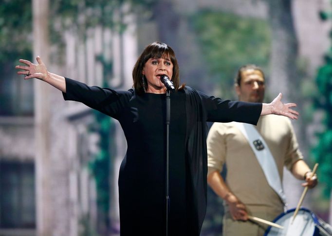 Singer Lisa Angell representing France performs during a dress rehearsal for the upcoming 60th annual Eurovision Song Contest In Vienna