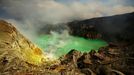 Volcanic lake at Ijen crater Sulfur miners in Eastern Java's famous sulfur-belching Ijen crater rely on their sheer muscle power to mine sulfur in some of the most diffic