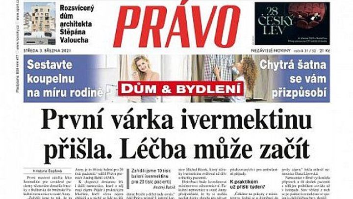 Právu hrozí půlmilionová pokuta za články o ivermektinu, podle ústavu byly reklamní; Zdroj foto: Právo