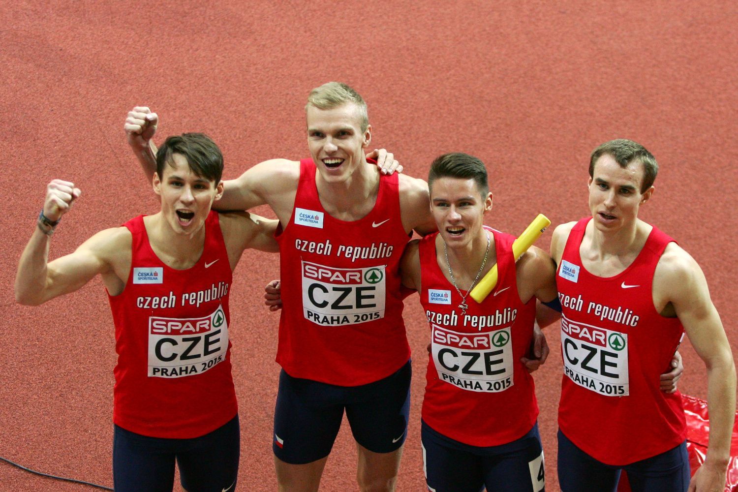 HME 2015 Praha: bronzová štafeta na 4x400 m: Daniel Němeček, Patrik Šorm, Jan Tesař a Pavel Maslák
