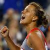 Barbora Zahlavova Strycova of the Czech Republic  celebrates winning a second set tie-break against Eugenie Bouchard of Canada during their women's single match at the 2014 U.S. Open tennis tournament
