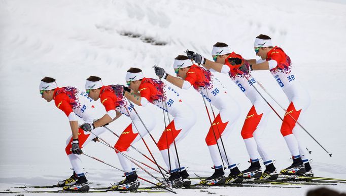 Canada's Devon Kershaw skis during the men's cross-country 15km classic event at the 2014 Sochi Winter Olympics February 14, 2014. Picture taken with multiple exposure fu