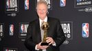 June 24, 2019; Los Angeles, CA, USA; NBA former player Larry Bird poses with his lifetime achievement award at the 2019 NBA Awards show at Barker Hanger. Mandatory Credit