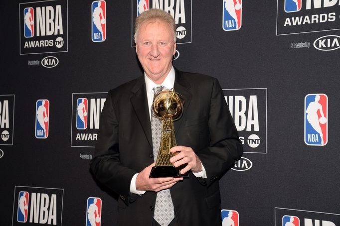 June 24, 2019; Los Angeles, CA, USA; NBA former player Larry Bird poses with his lifetime achievement award at the 2019 NBA Awards show at Barker Hanger. Mandatory Credit