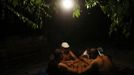 Relatives of Antonio Gabarri play domino by the light of a bulb hanging from a tree next to the remains of what used to be Gabarri's home at the Spanish gypsy settlement of Puerta de Hierro outside Madrid July 18, 2012. Fifty-four families have been living in Puerta de Hierro, on the banks of the Manzanares river for over 50 years. Since the summer of 2010, the community has been subject to evictions on the grounds that the dwellings are illegal. Families whose houses have been demolished, move in with relatives whose houses still remain while the debris keeps piling up around them as more demolitions take place. Picture taken July 18, 2012. REUTERS/Susana Vera (SPAIN - Tags: SOCIETY) ATTENTION EDITORS - PICTURE 26 OF 31 FOR PACKAGE 'GYPSY SITE DEMOLISHED' SEARCH 'GYPSY SITE' FOR ALL IMAGES Published: Lis. 5, 2012, 4:12 odp.