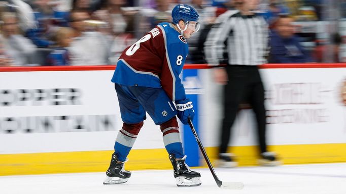 Apr 26, 2024; Denver, Colorado, USA; Colorado Avalanche defenseman Cale Makar (8) controls the puck in the third period against the Winnipeg Jets in game three of the fir