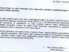 Dopis státního zástupce Romana Kafky s oznámením, že opavská společnost FROS je v kauze metanol nevinně.