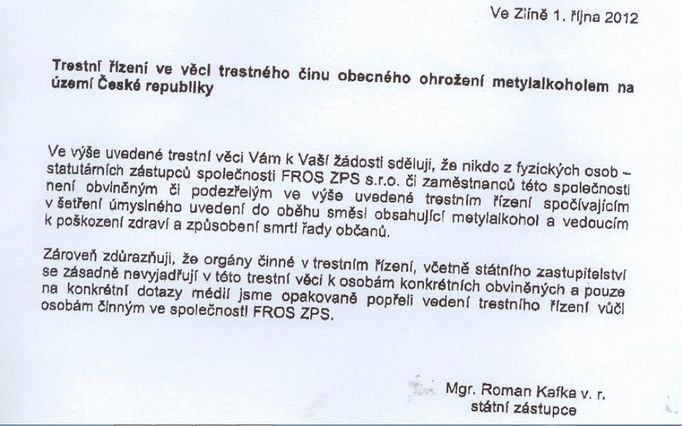 Dopis státního zástupce Romana Kafky s oznámením, že opavská společnost FROS je v kauze metanol nevinně.