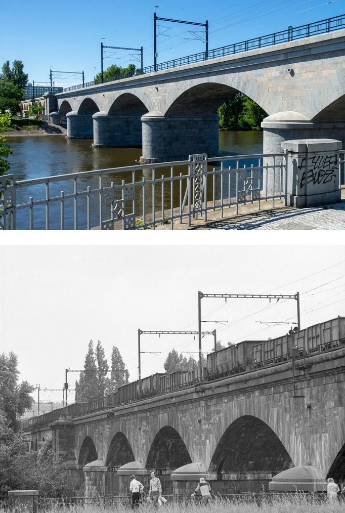 Srovnávací snímky zachycují Negrelliho viadukt po rekonstrukci v roce 2020 a podobu stavby v roce 1983.