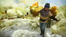 Sulfur miner makes the climb up with a heavy load Sulfur miners in Eastern Java's famous sulfur-belching Ijen crater rely on their sheer muscle power to mine sulfur in so