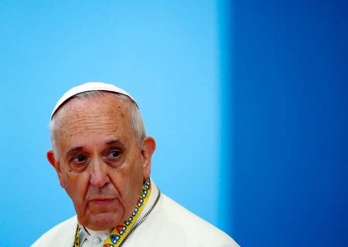 Pope Francis looks on during a meeting with young people at Manila university,